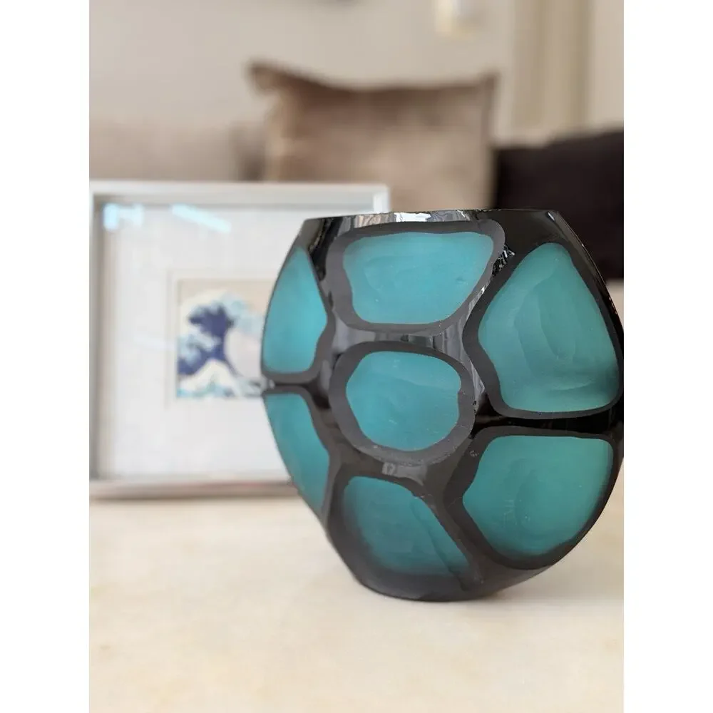 Vintage Murano Battuto Eclectic Glass Vase Turquoise Black Italian Art Glass